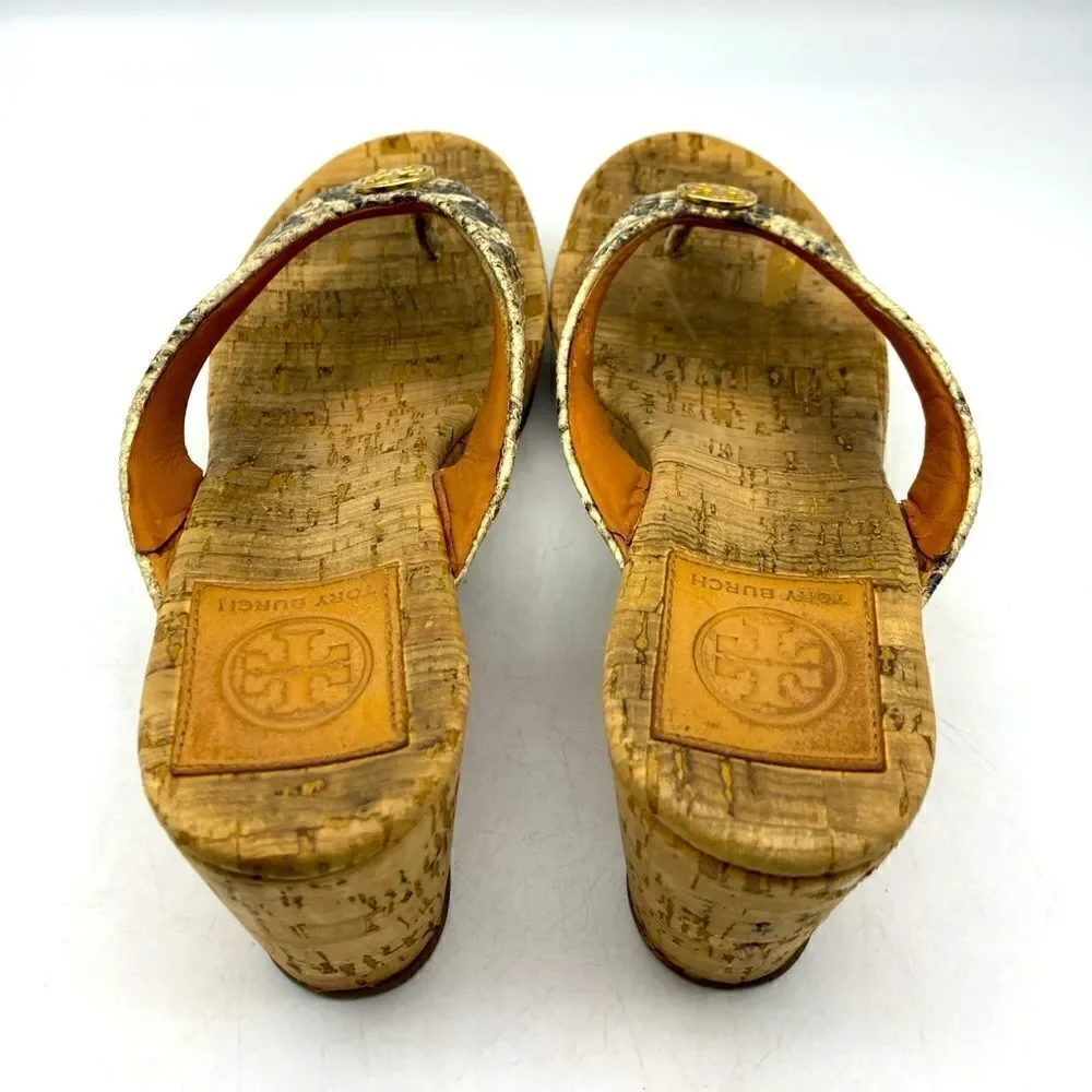 Tory Burch Thora Shake Print Leather/Cork Wedge Sandals Size 7,5